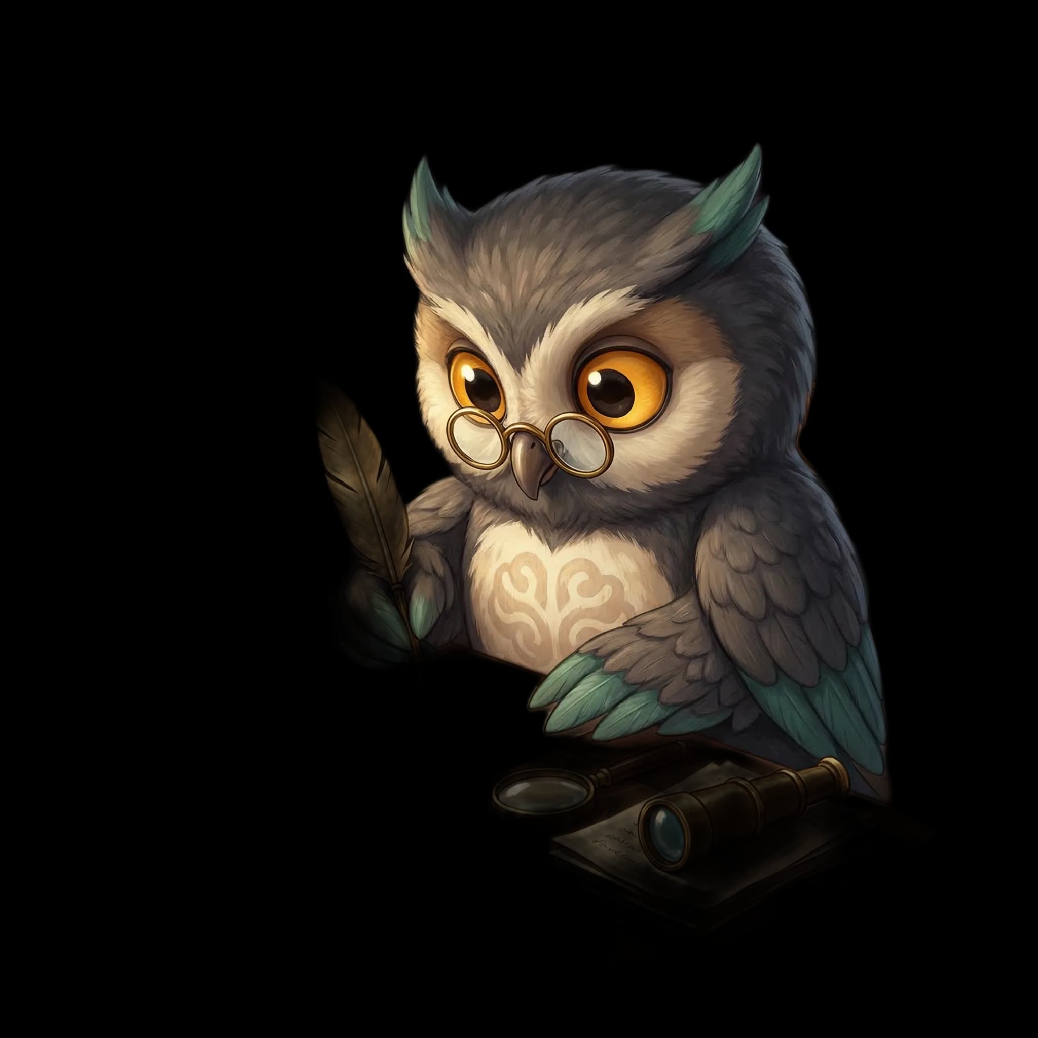 Scout the owl writing at a desk