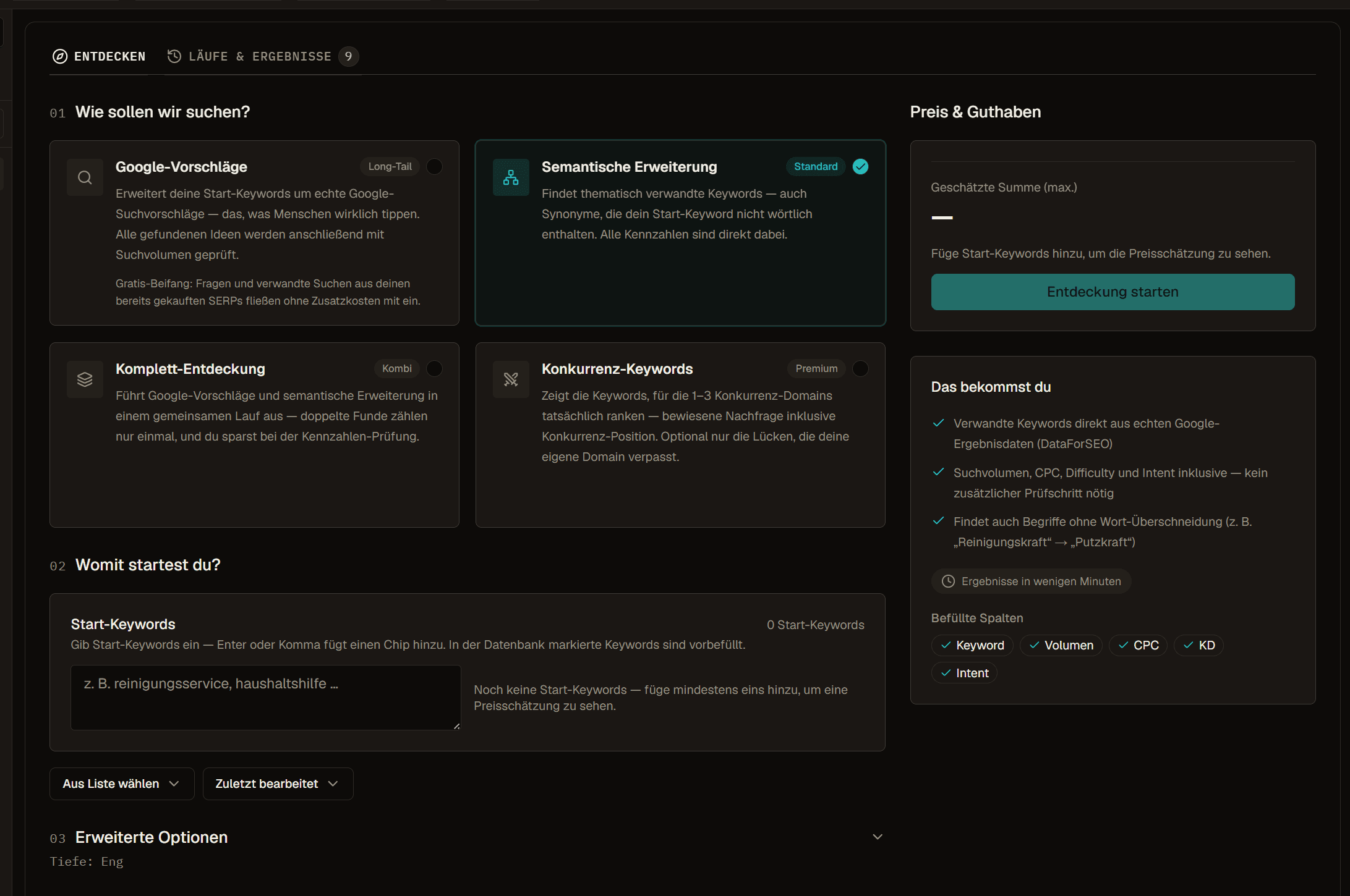 Contextter Keyword-Datenbank-Statusboard für Gründer-SEO-Planung.